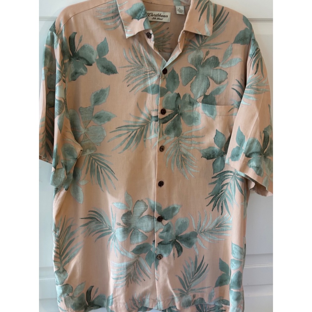 Caribbean Silk Blend Mens Large Tropical‎ Floral Short Sleeve Button Up Shirt
